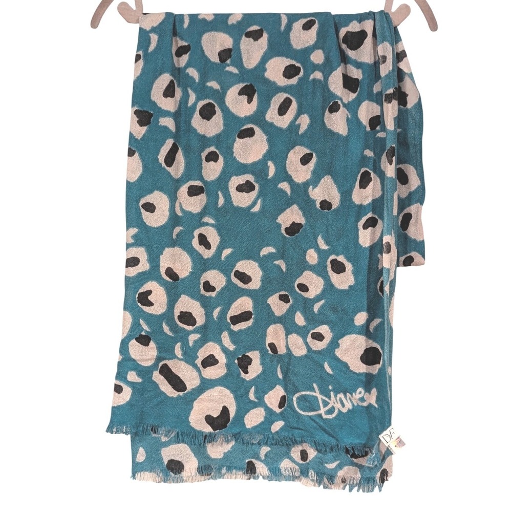 Diane von Furstenberg DVF Kenley Scarf‎ Teal Cashmere Leopard Print Wrap Luxury